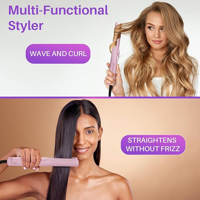Asani 360° Airflow Styler - 2-in-1 Professional Curling Wand & Hair Straightener - Flat Iron Curler with Cooling Fan, Air Vents - Crimper Styling Tool for Volume & All-Day Curls - for All Hair (Pink)