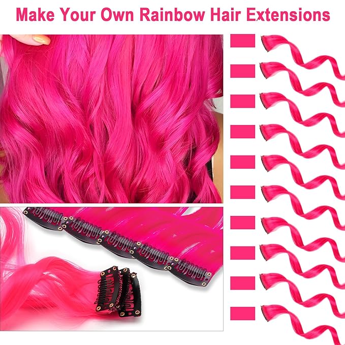 10 PCS Hot Pink Hair Extensions Clip in Kid's Party Highlights, Colored Hair Extensions Hairpiece Curly for Girls Women 17 Inch
