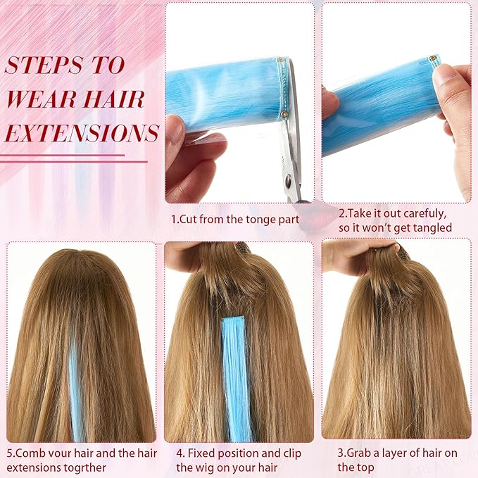 20 Pcs Glow in the Dark Colored Hair Extensions Clip 20 Inch Rainbow Party Hairpiece for Women, 10 Color(Dark Purple, Blue, Pink, Watermelon Red, Light Purple)