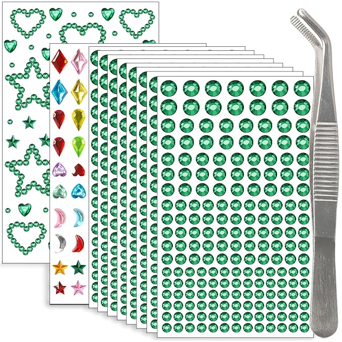 NIACONN 1760 Pcs Deep Green Hair Jewels Face Gems Stick on, Self Adhesive Glitter Rhinestones Stickers for Women Body Eyes Nails Festival Halloween Makeup & Crafts