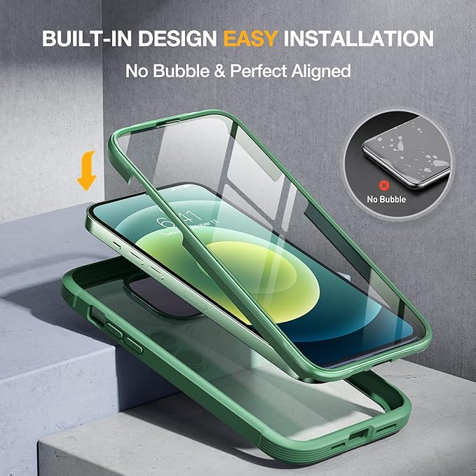 Miracase Glass Series for iPhone 12/12 Pro - Full-Body Rugged Protective Case with Built-in 9H Tempered Glass Screen Protector and Camera Lens Protector - Green