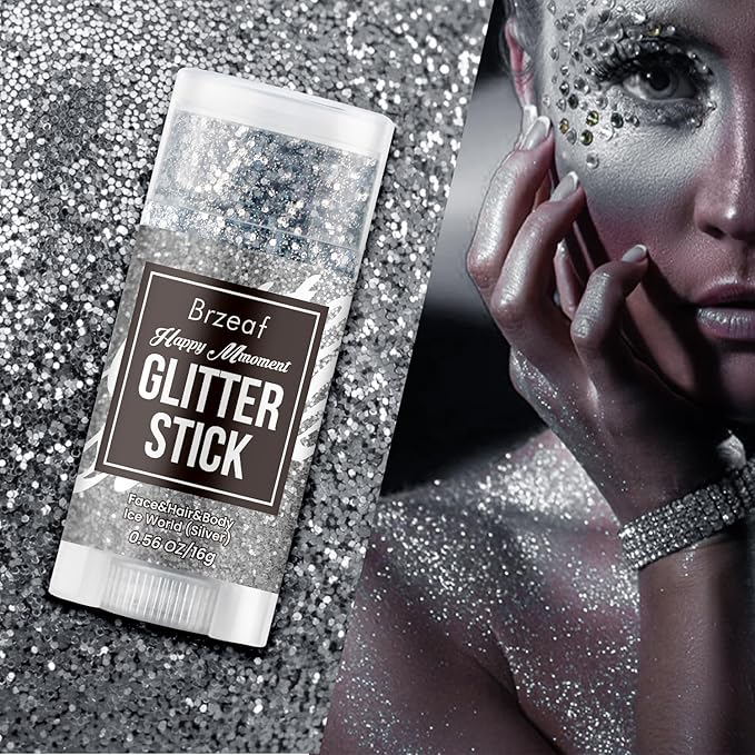 Brzeaf Silvery Body Glitter Stick, Waterproof & Long Lasting, Hair Eyeshadow Face Body Glitter, Singer Concert Music Rave Festival, Glitter Stick Makeup & Face Glitter Gel