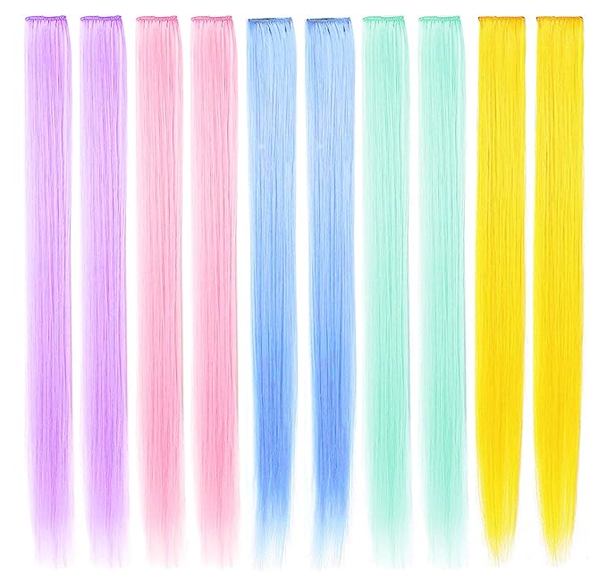 10 PCS Colored Hair Extensions, Multi-colors Party Highlights Clip in Heat-Resistant Synthetic Hair Extensions 20 Inch (Light blue Light pink Light green Light purple Yellow)