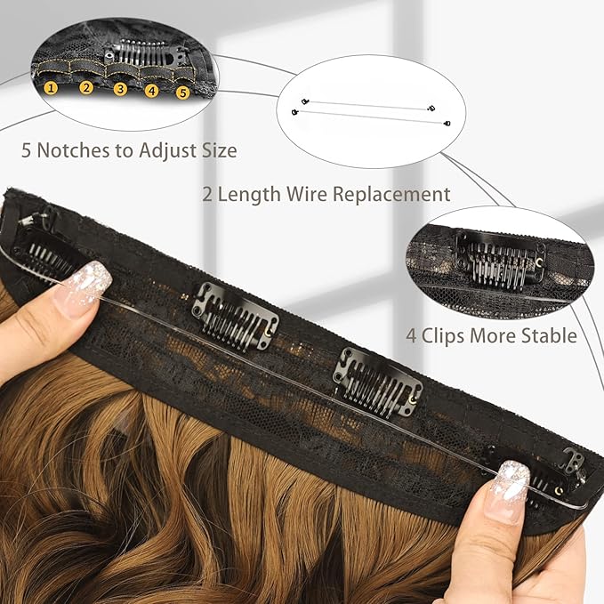 MORICA Invisible Wire Hair Extensions - 20 Inch Mixed Brown Long Wavy Synthetic Hairpiece with Transparent Wire Adjustable Size, 4 Secure Clips for Women