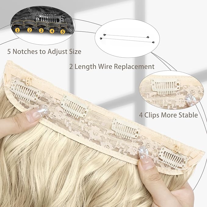 MORICA Invisible Wire Hair Extensions - 20 Inch Blonde Long Wavy Synthetic Hairpiece with Transparent Wire Adjustable Size, 4 Secure Clips for Women