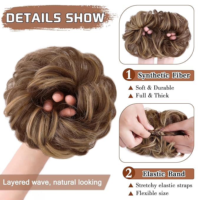 MORICA 1PCS Messy Hair Bun Hair Scrunchies Extension Curly Wavy Messy Bun Synthetic Chignon Hairpieces for Women (Strawberry Blonde & Light Ash Brown)