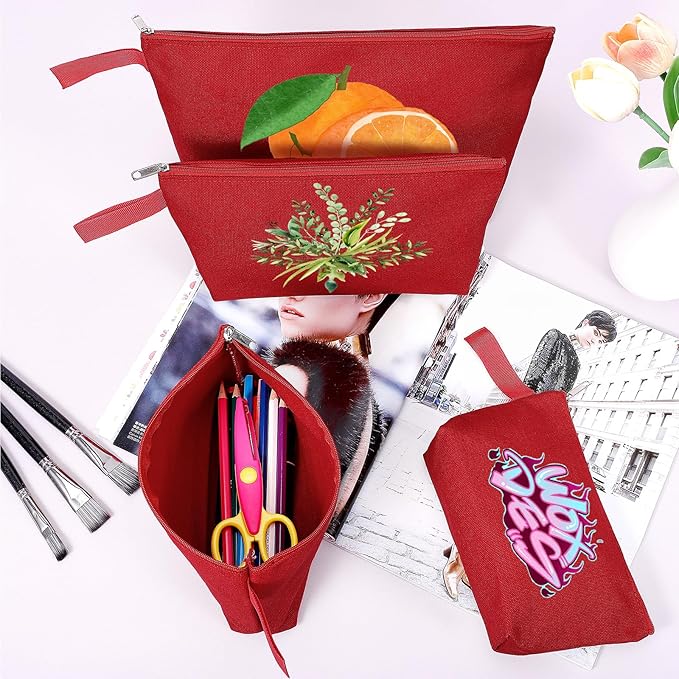 10 Pieces Cotton Canvas Makeup Bag with Bottom and Strap, Multi-Purpose Cosmetic Bag with Zipper Travel Toiletry Pouch, Blank DIY Craft Bag (Red, S)