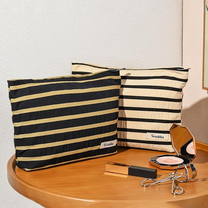 2 Pieces Makeup Bag Large Stripe Cosmetic Bag Capacity Canvas Travel Toiletry Bag Organizer Cute Makeup Brushes Aesthetic Accessories Storage Bag for Women, Stripe L Black White