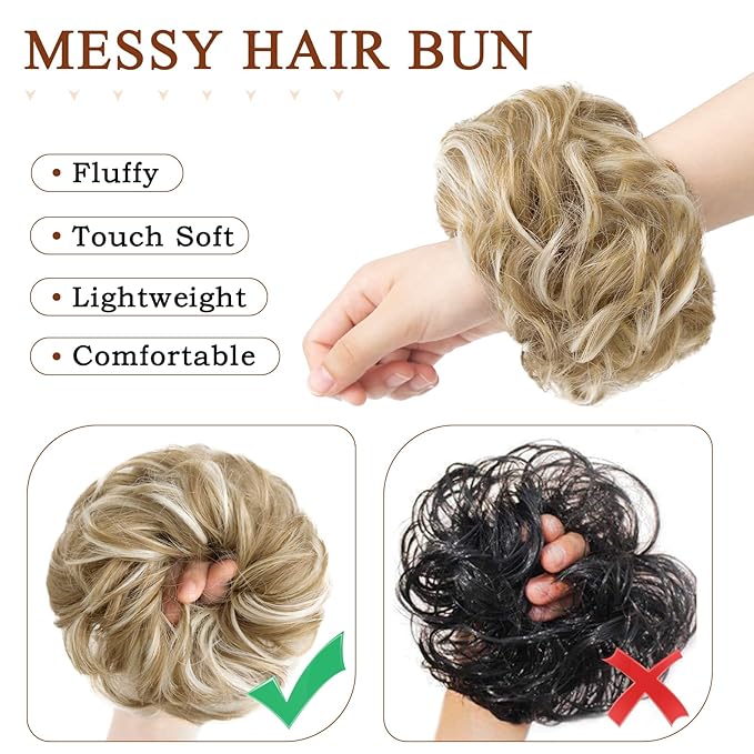 MORICA 1PCS Messy Hair Bun Hair Scrunchies Extension Curly Wavy Messy Synthetic Chignon for Women (27h613(Honey Blonde & Lightest Blonde))