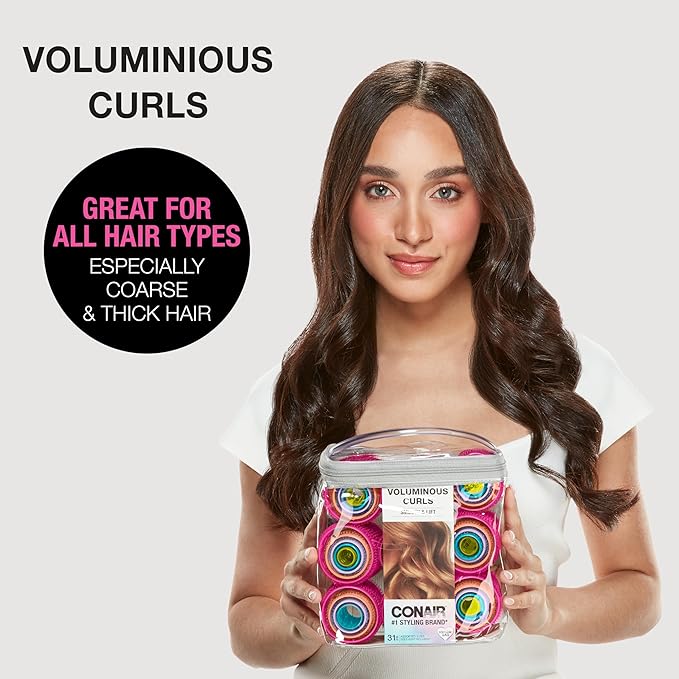 Conair Heatless Curlers- heatless curls overnight - Hair Rollers for Lift & Volume - Assorted Sizes and Colors - Velcro Rollers - 31 Count w/storage case