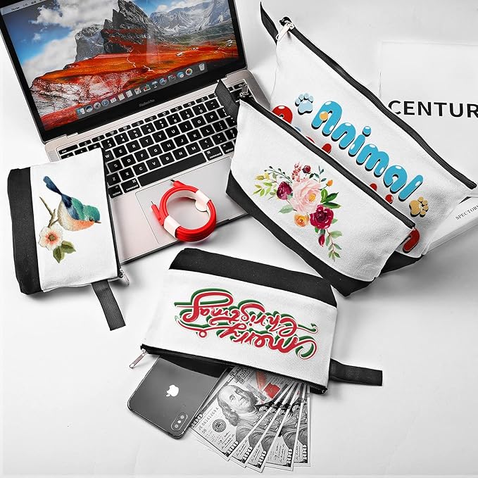 10 Pieces Cotton Canvas Makeup Bag with Bottom and Strap, Multi-Purpose Cosmetic Bag with Zipper Travel Toiletry Pouch, Blank DIY Craft Bag (White&Black, XS)