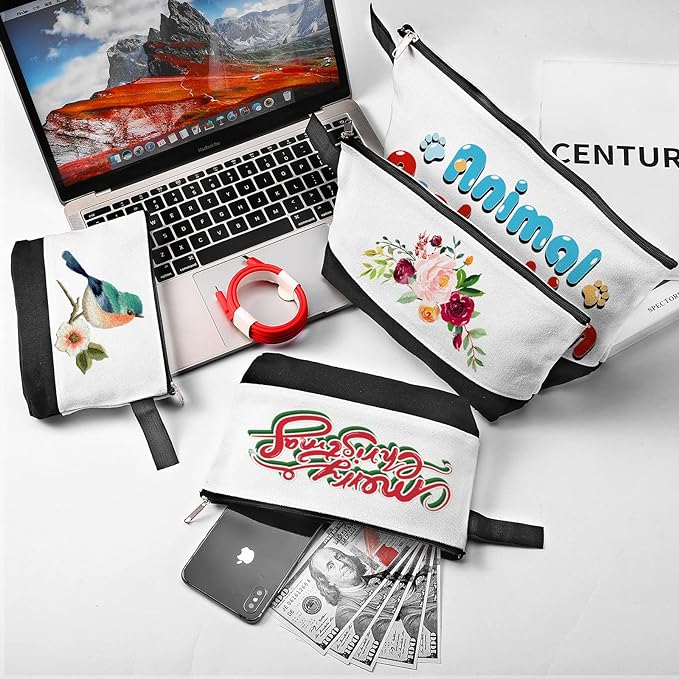 10 Pieces Cotton Canvas Makeup Bag with Bottom and Strap, Multi-Purpose Cosmetic Bag with Zipper Travel Toiletry Pouch, Blank DIY Craft Bag (White&Black, M)