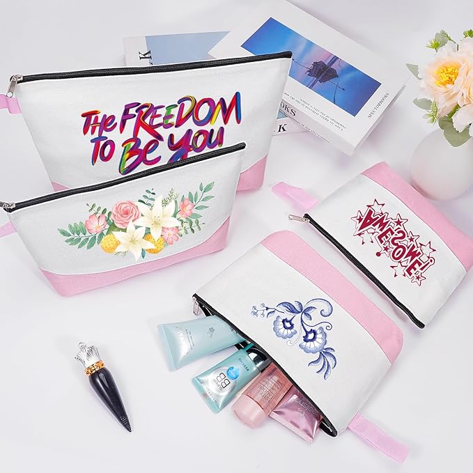 10 Pieces Cotton Canvas Makeup Bag with Bottom and Strap, Multi-Purpose Cosmetic Bag with Zipper Travel Toiletry Pouch, Blank DIY Craft Bag (White&Pink, XS)