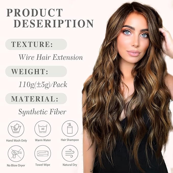 MORICA Invisible Wire Hair Extensions - 20 Inch Mixed Brown Long Wavy Synthetic Hairpiece with Transparent Wire Adjustable Size, 4 Secure Clips for Women