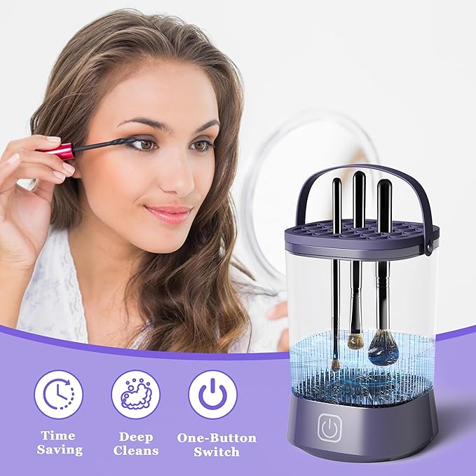 Electric Makeup Brush Cleaner Machine, Automatic Spinning Make up Brush Cleaner with 1200 mAh Rechargeable Battery, Portable Cosmetic Brush Cleaner Dryer Tool for All Size Makeup Brush (Purple)