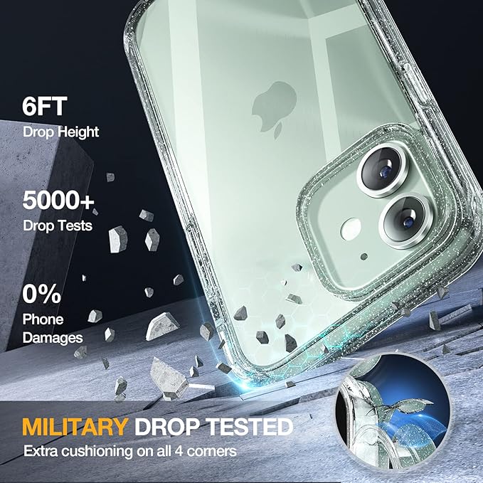 Miracase Glass Series for iPhone 12/12 Pro - Full-Body Rugged Protective Case with Built-in 9H Tempered Glass Screen Protector and Camera Lens Protector - Glitter Clear