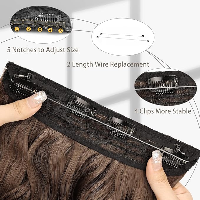 MORICA Halo Hair Extensions 20 Inch Medium Brown Invisible Wire Hair Extensions,Long Wavy Synthetic Hairpiece with Transparent Wire Adjustable Size, 4 Secure Clips for Women