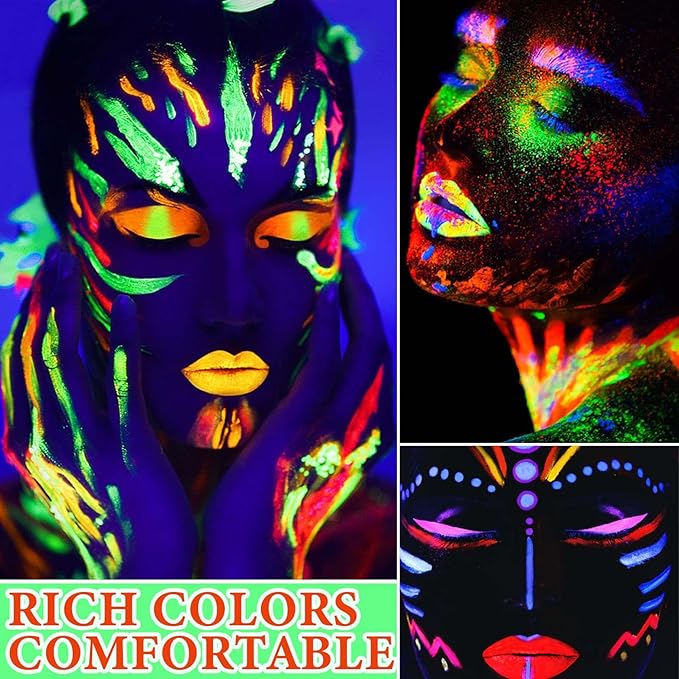 6 Pcs Glow in the Dark Face Body Paint,Blacklight Neon Face & Body Paints,Easily Cleanable Paint Set Neon Makeup Glow in the Dark Party Supplies