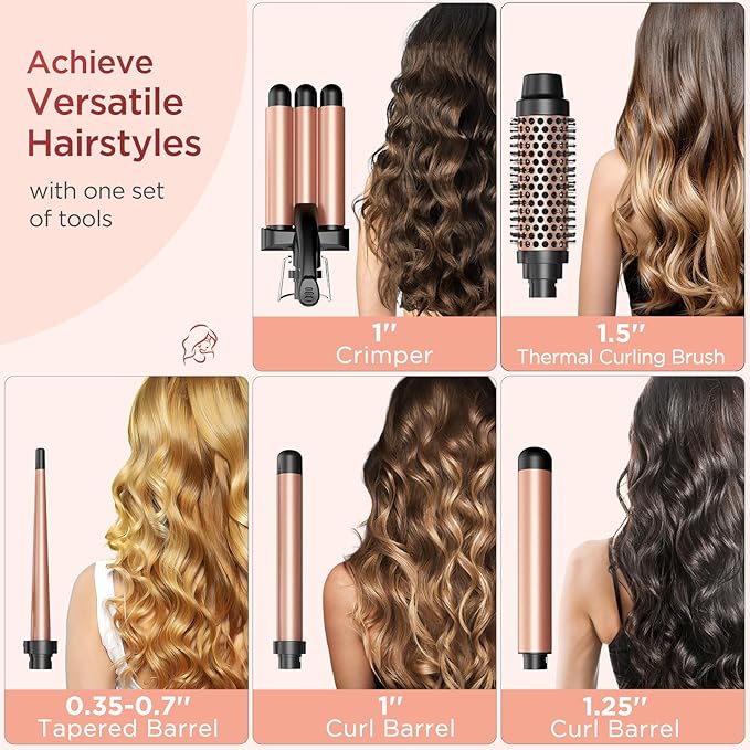 5 in 1 Curling Iron Curling Wand, Curling Iron Set with A Thermal Brush, A 3-Barrel Hair Crimper Iron, 3 Ceramic Curling Irons (0.35 "-1.25"), 2 Temps 30S Fast Heat Hair Curler Waver with Glove & Clip