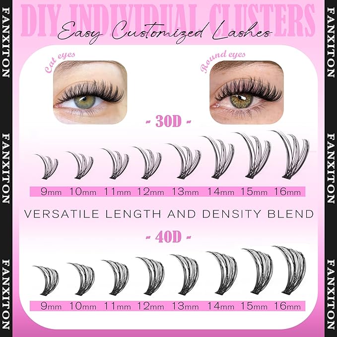 Natural Lash Cluster Kit Thick Eye Lash Clusters Natural Look 30D+40D D 8-16mm Lash Extension Kit Wispy Eyelash Clusters Volume Individual Lashes with Lash Bond and Seal and Tweezers