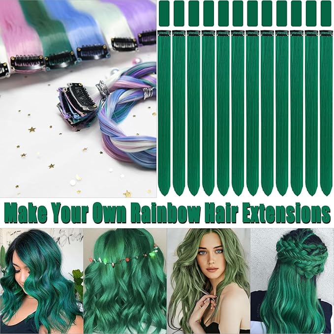20 Inch Colored Green Hair Extensions Party Highlights Colorful Clip in Hair Extensions Straight Synthetic Hairpieces for Women Kids Girls Halloween Christmas Cosplay (Dark Green)