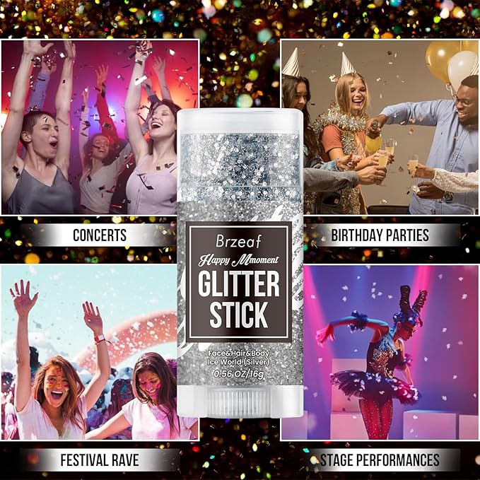 Brzeaf Silvery Body Glitter Stick, Waterproof & Long Lasting, Hair Eyeshadow Face Body Glitter, Singer Concert Music Rave Festival, Glitter Stick Makeup & Face Glitter Gel