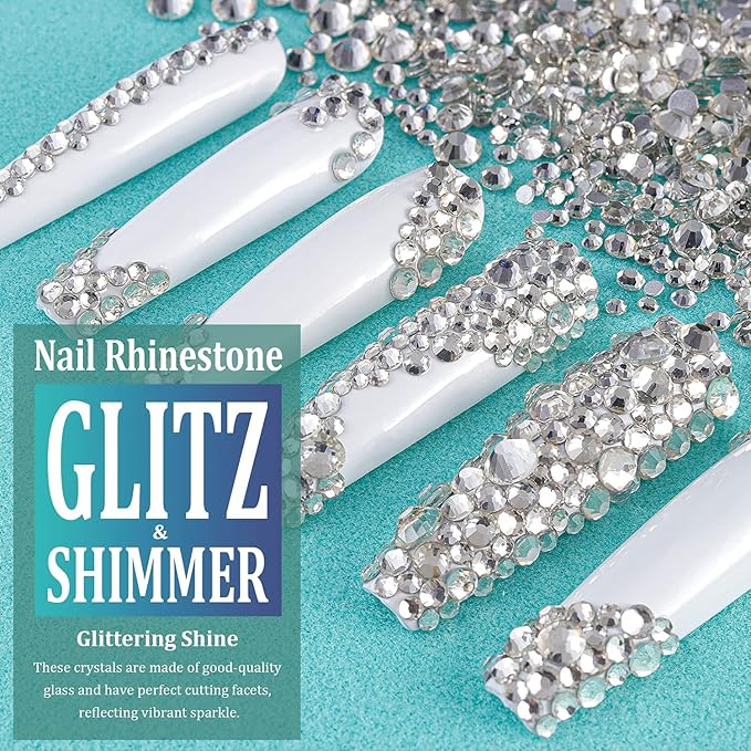 6 Sizes Transparent White Silver Glass Crystal Kit with Pickup Pen + Tweezer Tools for Shine Nail Art Manicure Makeup DIY Decoration Flatback Round Rhinestone Gem Jewelry Diamond