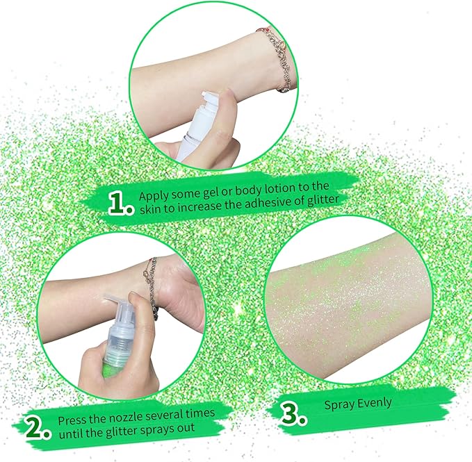 MEICOLY Green Hair Body Glitter Spray for St Patricks Day,Green Hairspray,Fine Glitter for Clothes,Loose Shimmer Spray for Festival Rave,Stage Performance,25g
