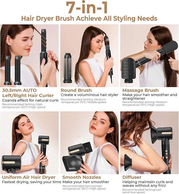 7 in ONE Hair Dryer Brush, Powerful Blow Dryer Brush with Auto- Wrap Curler, Detachable Fast Drying, Volumizing, Curling, Straightening, Ionic Hair Dryer with Diffuser, Hair Styling Tools Storage Case