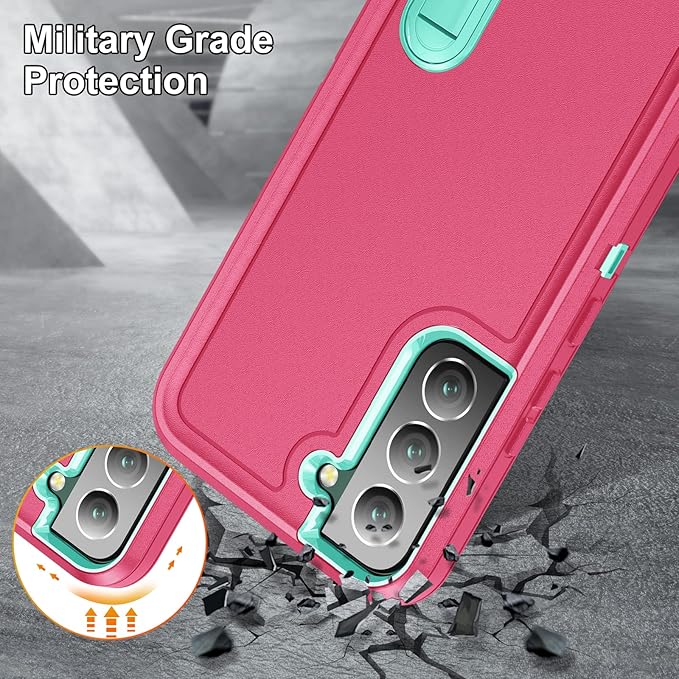 for Samsung Galaxy S22 Plus Case Galaxy S22+ Case with Kickstand Case 3-Layer Military Grade Protective Case Cover Silicone Rugged Shockproof for Galaxy S22 Plus S22+ Phone Case Rose Red+Cyan