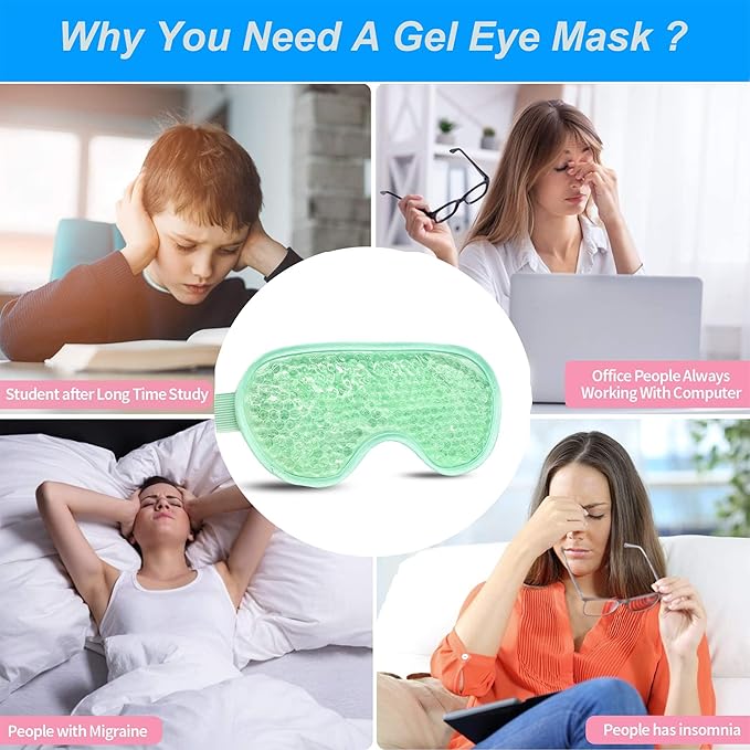 2PCS Gel Eye Mask - Reusable Hot/Cold Therapy Gel Bead Mask for Puffiness, Dark Circles, Headaches, & Stress Relief, Cooling/Heating Eye Compress (Green)