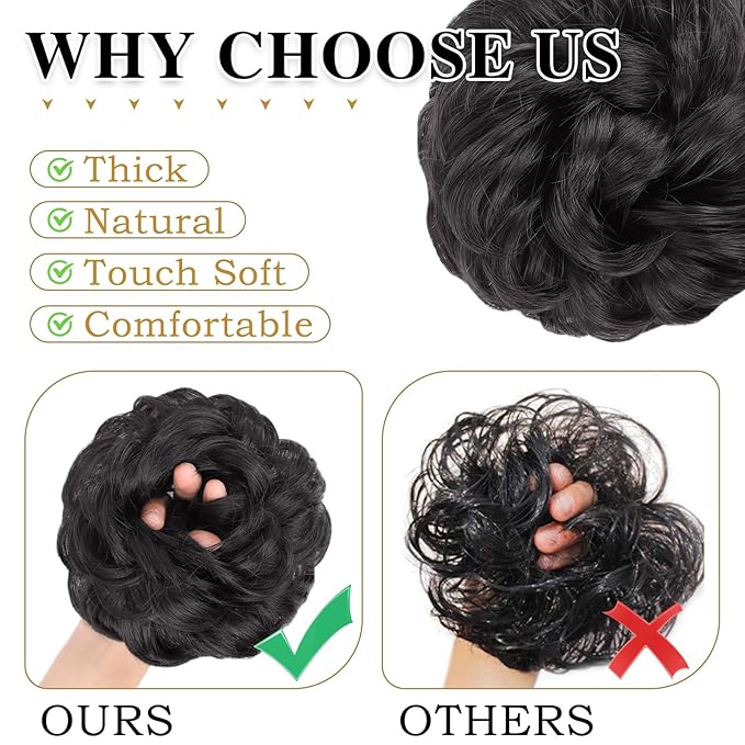 MORICA 1PCS Messy Hair Bun Hair Scrunchies Extension Curly Wavy Messy Bun Hair Synthetic Chignon Hairpieces for Women (2#(Natural Black))