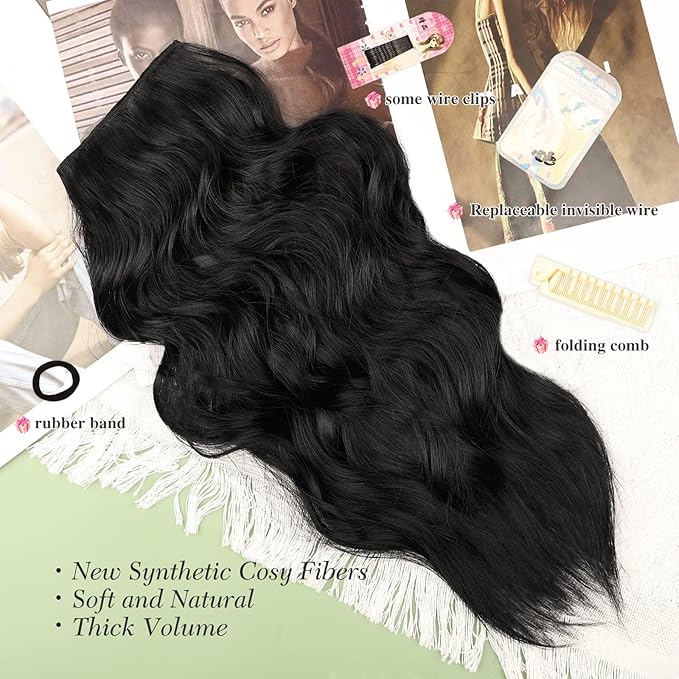 MORICA Halo Hair Extensions 20 Inch Natural Black Invisible Wire Hair Extensions,Long Wavy Synthetic Hairpiece with Transparent Wire Adjustable Size, 4 Secure Clips for Women