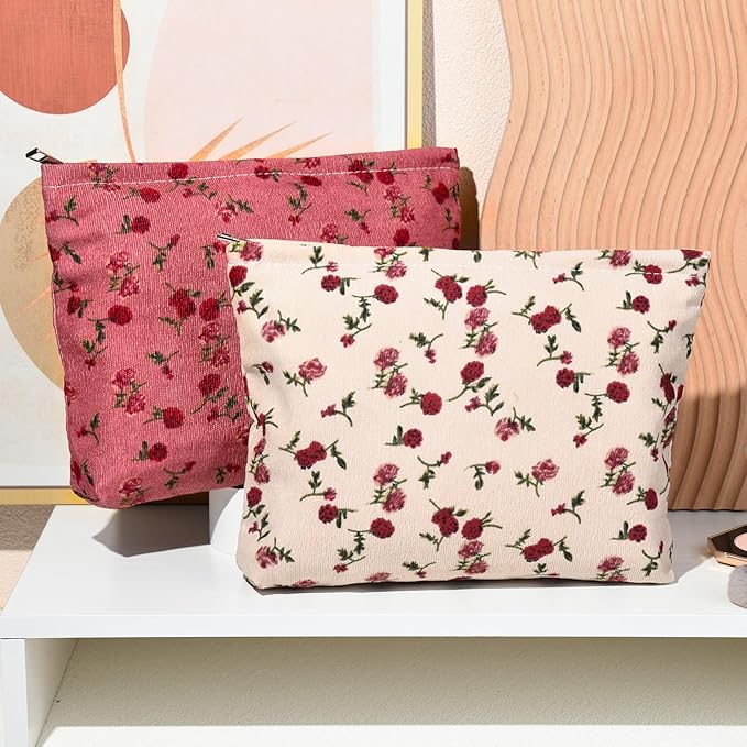 2 Pieces Rose Makeup Bag Large Corduroy Cosmetic Bag Capacity Canvas Travel Toiletry Bag Organizer Cute Makeup Brushes Aesthetic Accessories Storage Bag for Women, Rose L White Pink