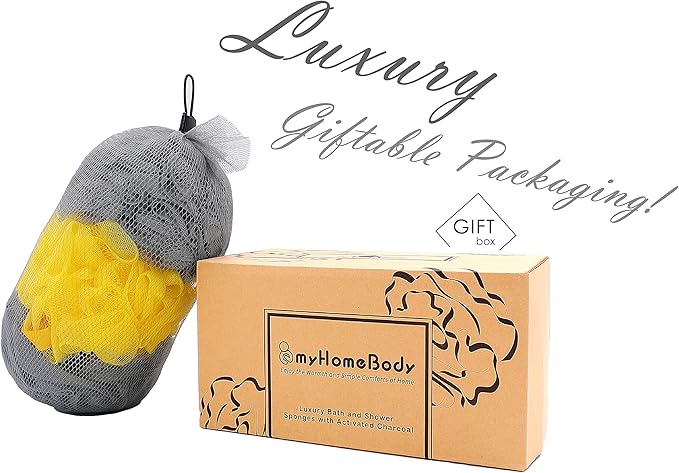 myHomeBody Large 70g Loofah Sponge, Body Scrubber, Bath Sponge, Loofah for Women, Men, Exfoliating Sponge Shower Pouf with Activated Charcoal - 2 Ultimate Gray + 1 Illuminating Yellow, 3 Pack