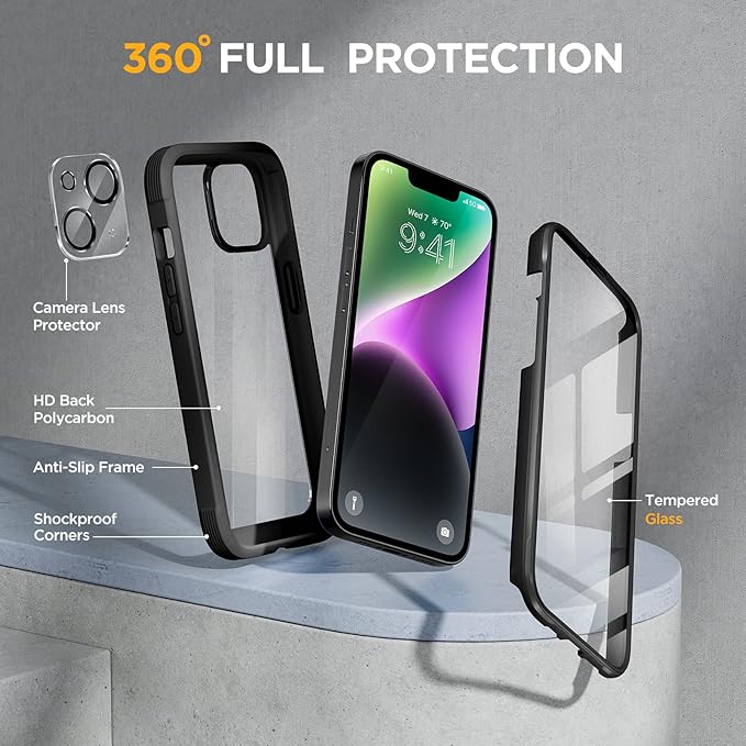 Miracase Glass Series Designed for iPhone 14 Plus Case 6.7 inch, 2023 Upgrade Full-Body Clear Bumper Case with Built-in 9H Tempered Glass Screen Protector and Camera Lens Protector,Black
