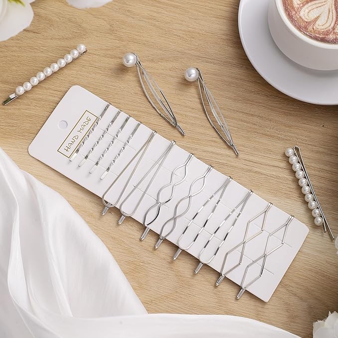 16 Pieces Geometric Metal Hair Pins, Silver Hair Pins Pearls Hair Clips Hair Barrettes Metal Bobby Pins for Woman Girls