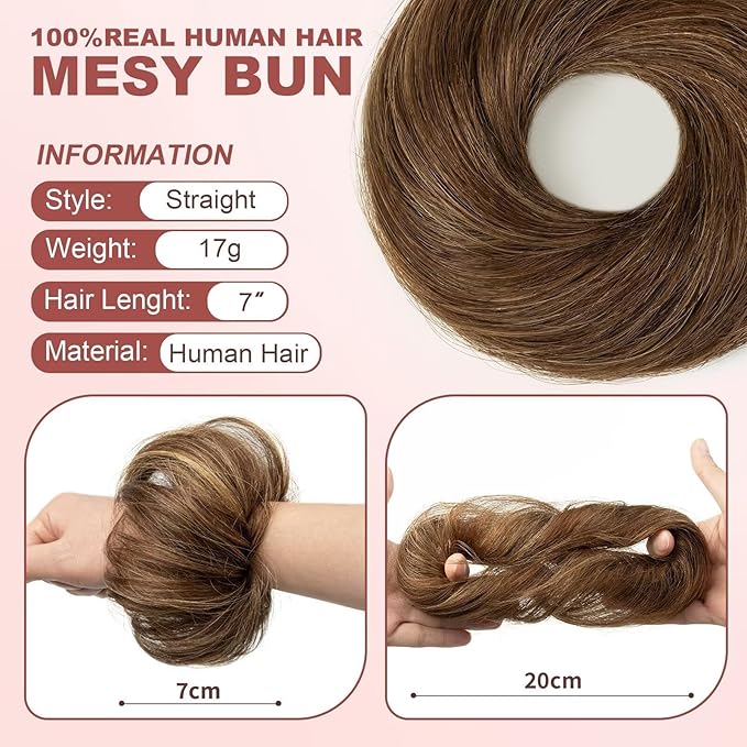 1PCS Messy Bun Hair Piece Human Hair Natural Curly 100% Real Human Hair Chignons Scrunchies Hair Fluffy Hair Buns for Women Bun Donut Updo Hair Pieces Bun Extension (#4/27 Medium Brown/Dark Blonde)