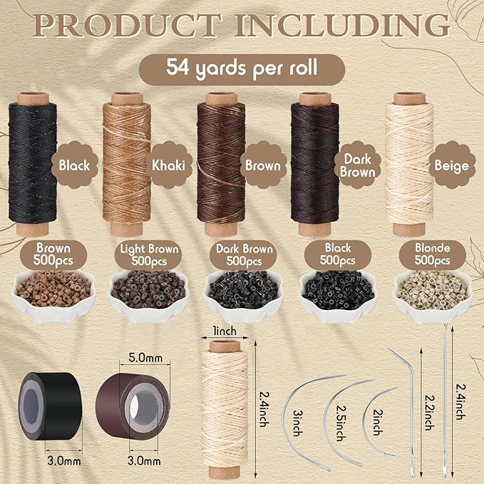 2500 Pcs Hair Extensions Micro Rings Links Beads and 5 Rolls Extensions Sewing Thread and 10 Pieces C/J/I Needles Kit for Human Hair Hand Sewing Wig DIY Craft