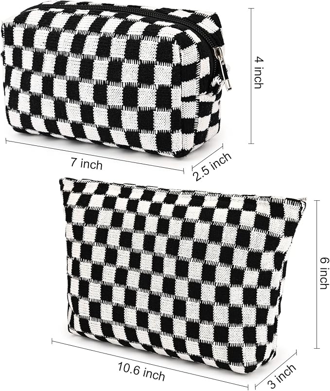2 Pieces Black Makeup Bag Large Checkered Cosmetic Bag Capacity Canvas Mix Travel Toiletry Bag Organizer Cute Makeup Brushes Aesthetic Accessories Storage Bag for Women, Checkered Mix Black