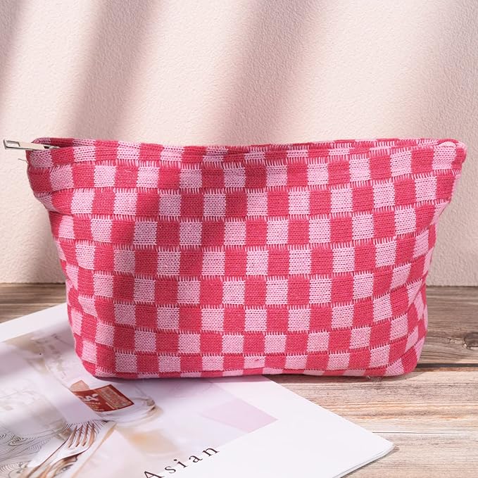 2 Pieces Makeup Bag Large Checkered Cosmetic Bag Capacity Canvas Travel Toiletry Bag Organizer Cute Makeup Brushes Aesthetic Accessories Storage Bag for Women, Checkered L Green Rose red