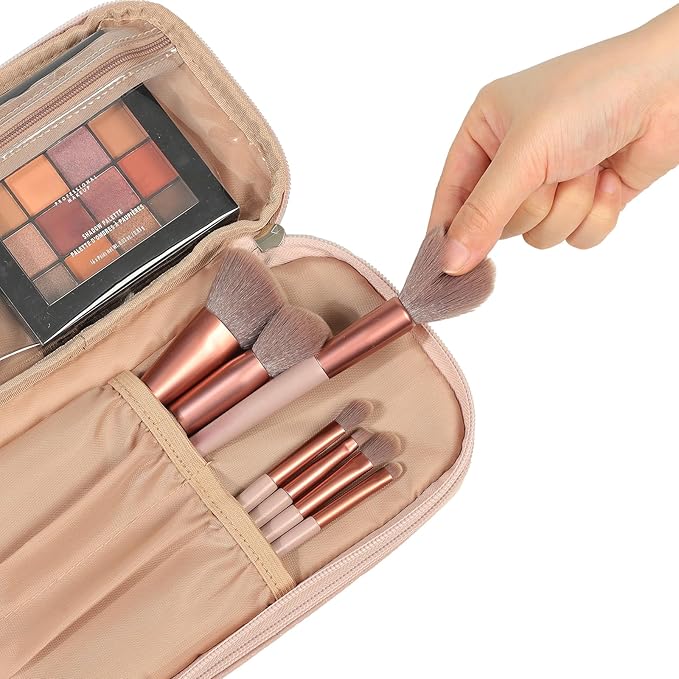 NISHEL Double Layer Travel Makeup Bag Women, Cosmetic Case, Portable Organizer To Hold Travel-Size Accessory Bottles, Brushes, And Skincare Products, Pink
