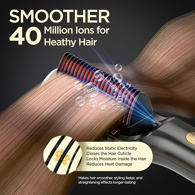 Hair Straightener Brush, Upgraded Ionic Hair Straightener Comb with Oil-Infused, Anti-Frizz Ceramic, Anti-Scald, 9 Temp Settings & LED Display, Dual Voltage, Straightening Brush for All Types