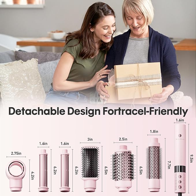 6-in-1 High-Speed Hair Dryer Brush Blow Dryer 110,000 RPM with Interchangeable Heads, Hair Styling Tools for Styling No Heat Damage, Magic Air Wrap Hair Styler, Blowout Thermal Brush Set, Pink