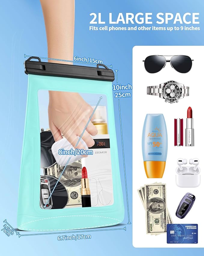 2L Waterproof Phone Pouch Floating for Cruise Essentials 2025, Cruise Ship Dry Bag for Beach Vacation Essentials, IPX8 Crossbody Bags for iPhone 16 15 14 13 12 Pro Max Galaxy Pixel - Green