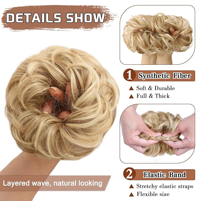 MORICA 1PCS Messy Hair Bun Hair Scrunchies Extension Curly Wavy Messy Bun Hair Synthetic Chignon Hairpieces for Women(22H613(Dirty Blonde))