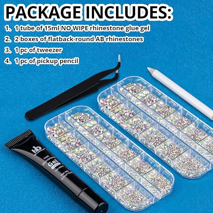 Nail Art Rhinestone Glue Gel&2 Boxes Flatback Gems Kit, 1 Tube of 15ml Rhinestone Gel Glue(UV/LED Needed)+Crystal AB Gems with Pickup Tools