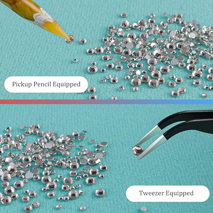 6 Sizes Transparent White Silver Glass Crystal Kit with Pickup Pen + Tweezer Tools for Shine Nail Art Manicure Makeup DIY Decoration Flatback Round Rhinestone Gem Jewelry Diamond