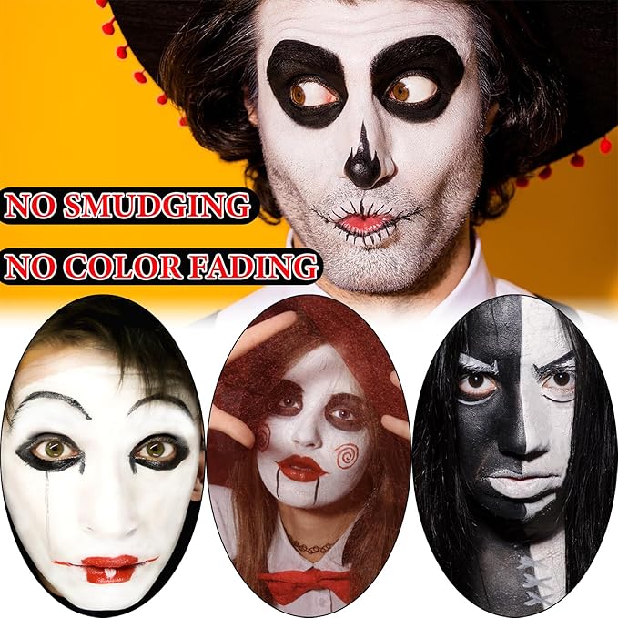 2Pcs Clown Black White Red Face Paint,Professional Waterproof Body Paint Halloween Makeup Kit Face Paint Clown Cosplay Costume Joker SFX Zombie Face Painting White Makeup