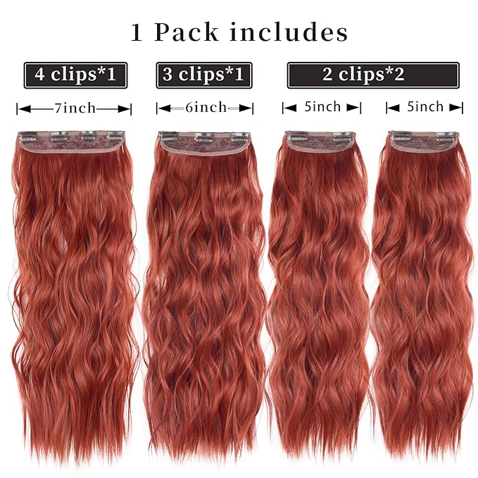 20 Inches Clip in Hair Extensions Double Weft Copper Red Long Wavy Hair Extensions for Women 4PCS Thick Hairpieces Synthetic Fiber (Copper Red)